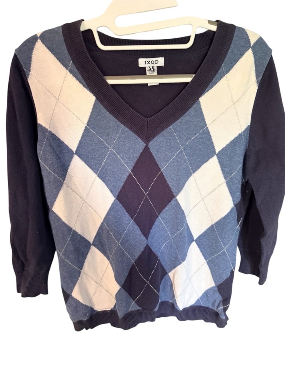 IZOD Women's Blue Argyle V-Neck Sweater Y2K Sz.M